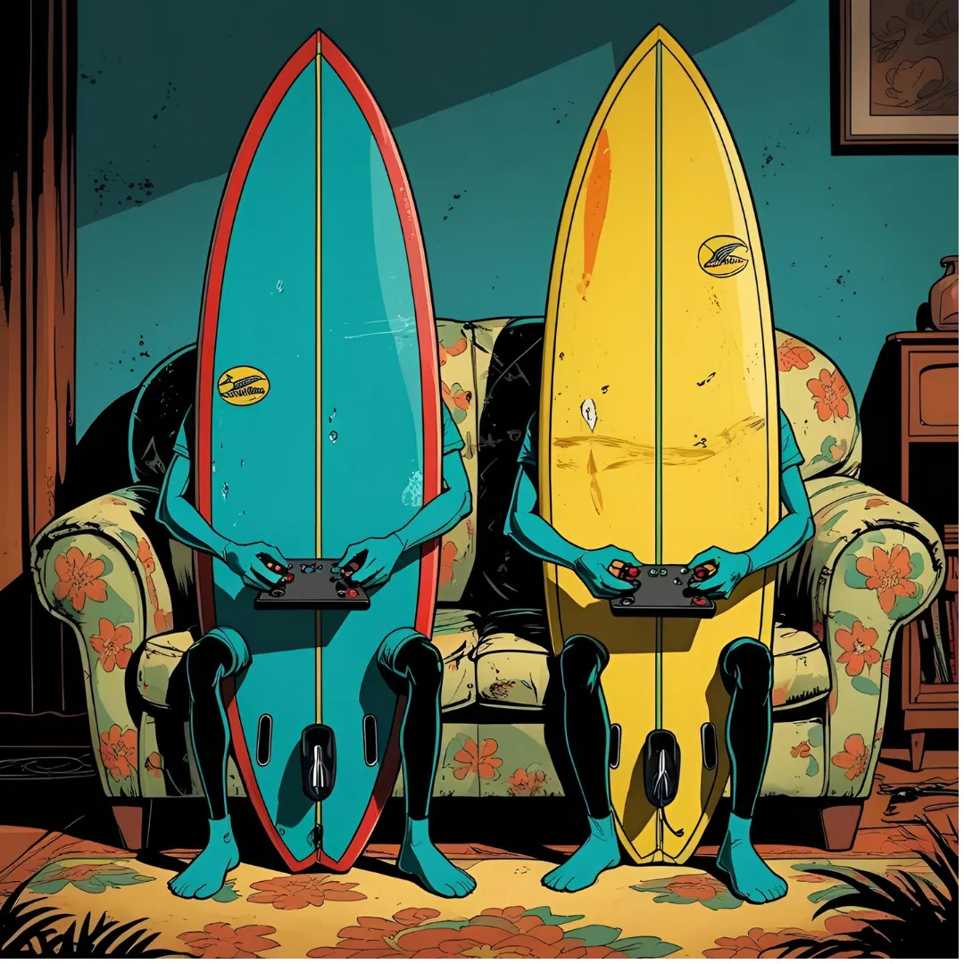 Dos tablas de surf jugando a videojuegos